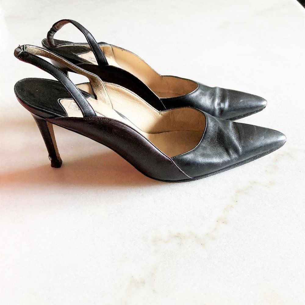 Manolo Blahnik black & brown leather slingback heels, pointed toes, stiletto - Picture 3 of 10